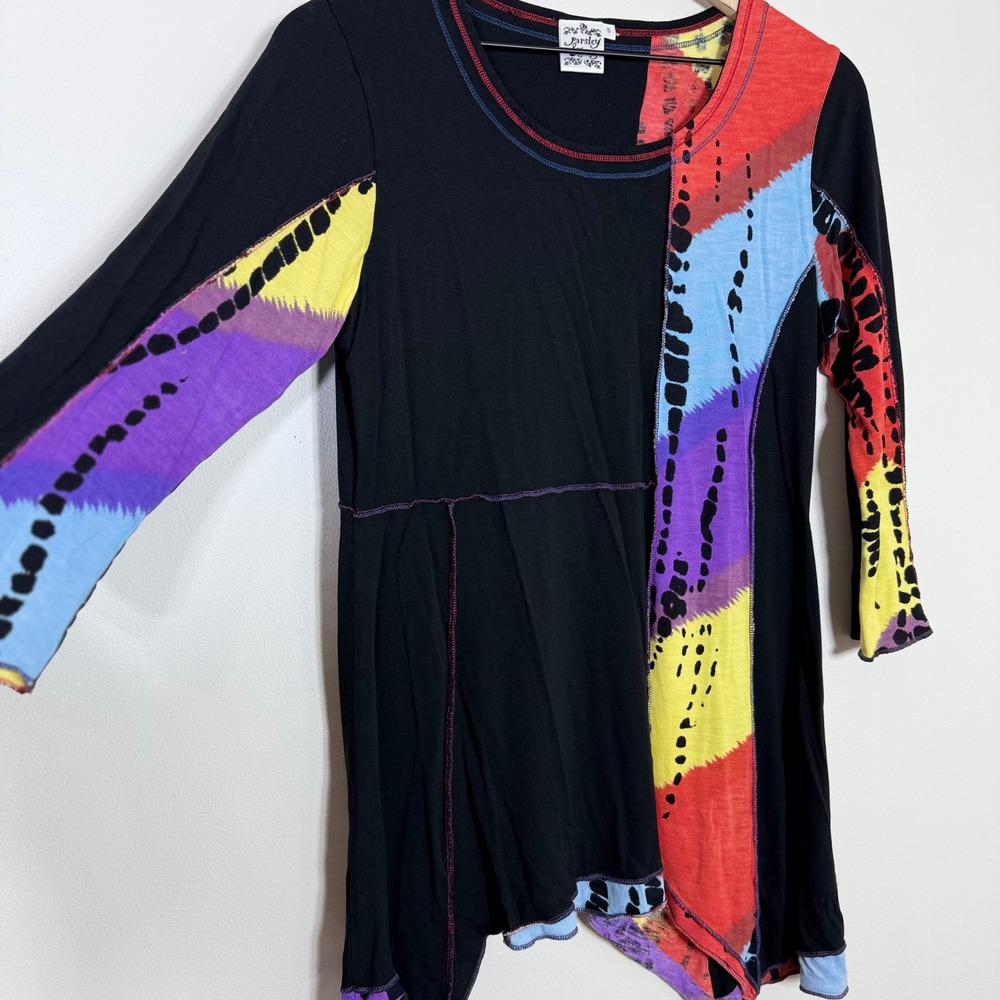 Parsley & Sage Womens Tunic Top Size S Black Patchwork Sharkbite Hem Lagenlook - Picture 2 of 8